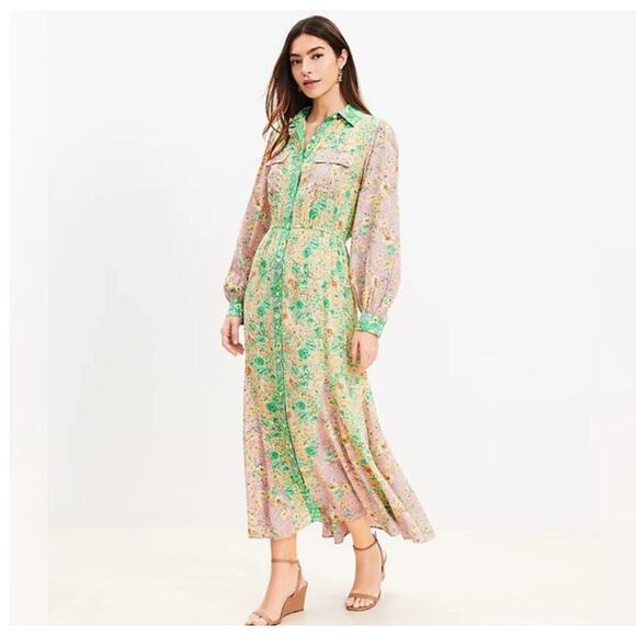 LOFT Garden Party Long Sleeve Patchwork Floral Button Front Dress Size Medium - Picture 8 of 16